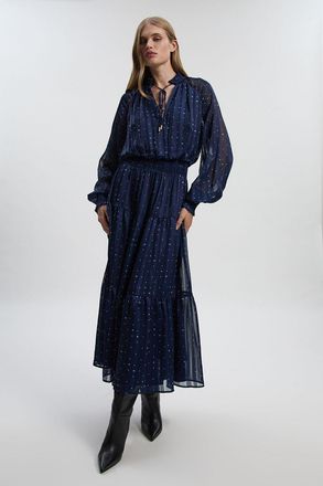 Karen Millen Womens Print Shirred Detail Dobby High Neck Woven Maxi Dress - Navy - Size 10 UK