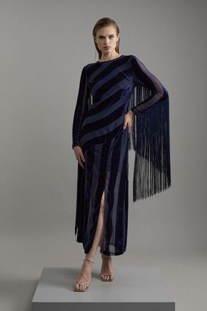 Karen Millen Womens Fringed Velvet Devore Long Sleeve Woven Maxi Dress - Navy Viscose - Size 6 UK