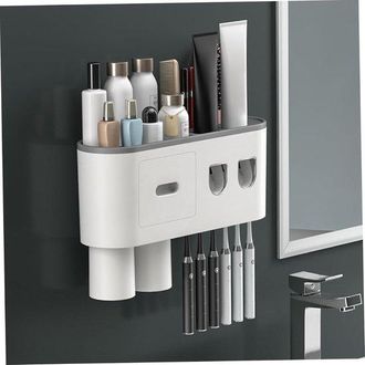 OEM Soporte De Pared Para Cepillos De Dientes, Dispensador Autom&aacute;tico De Pasta De Dientes Con 2 Vasos Magn&eacute;ticos, 6 Ranuras Para Cepillos, Color Gris