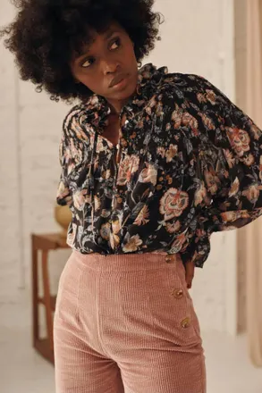 Louise Misha Naomie Long Sleeve Blouse In Charcoal Tpical Loon