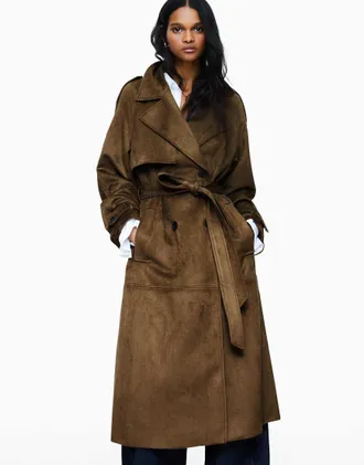 Bershka Trench in camoscio sintetico beige-Marrone