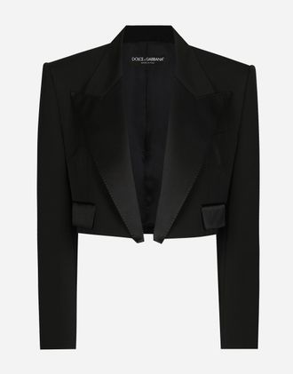 Dolce & Gabbana Short Wool Gabardine Tuxedo Jacket - Woman Blazers Black Wool 42