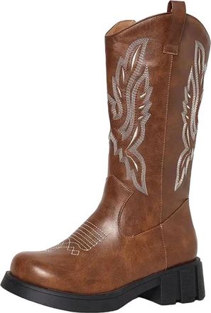 Generic Womens Retro Western Boots Mid Calf Round Toe Med Block Heel Slip On With Platform And Classic Embroidery Design