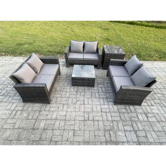 Fimous 6 Seater Rattan Wicker Garden Furniture Patio Conservatory Sofa Set with Square Coffee Table Double Seat Sofa Side Table - Fimous