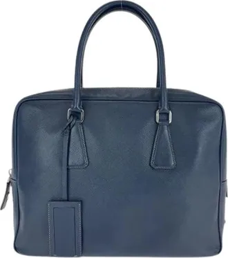 Prada Pre-owned Handbags, male, Blue, Size: ONE SIZE Pre-owned Saffiano Leather Briefcase