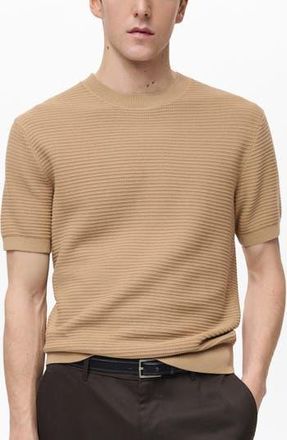Mango Ribbed Fine Cotton Knit T-Shirt in Medium Brown at Nordstrom Rack