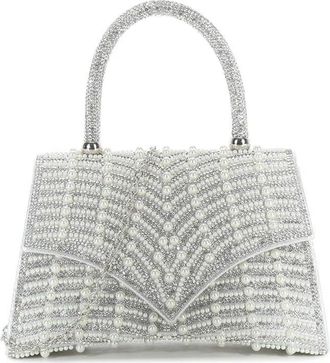 Girly HandBags Womens Beaded Top Handle Evening Bag - Geometric Pattern Hard Case Purse with Chain Strap for Weddings, Parties, and Formal Events Medium Ivory