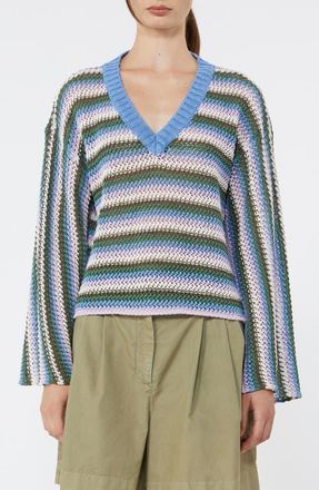 Max Mara Epica Stripe Open Stitch Linen Sweater in Blue Multicolour at Nordstrom, Size X-Large