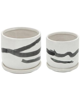 Sagebrook Home Set Of 2 Painted Planters With Saucers