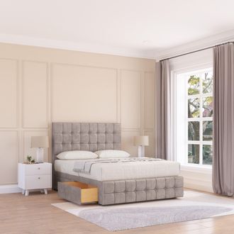 Sloomy Berlin Plush Bed Set, 4 Drawers, Mattress & 54 Headboard in Stone | Size: Small Double
