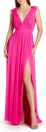 Mac Duggal Petite Sleeveless Pleated Chiffon V-Neck Gown in Hot Pink at Nordstrom, Size 12
