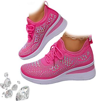 Generic Womens Glittery Rhinestone Fashion Breathable Wedge Sneakers, Sparkly Bling Wedding Dressy Tennis Shoes for Bride, Orthopedic Wedge Sneakers (Rose Red
