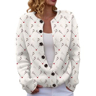 Generic Cardigans for Women UK Christmas Novelty Xmas Reindeer Graphic Knit Sweaters Causal Long Sleeve Jumper Sparkly Xmas Oversize Soft Lounge Cardigans Fes