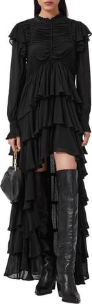 AllSaints Leila Layered Ruffle Long Sleeve High-Low Maxi Dress in Black at Nordstrom, Size 0 Us