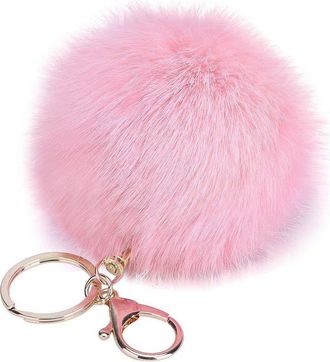 Generic Fluffy Pink Pom Pom Keychain 8cm, Soft Plush & Metal, Unisex-Adults, Fun, Novelty, Keychain