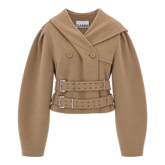 Ganni Abrigo con Capucha Doble Botonadura - Coats - Mujer - Beige - XS