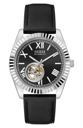 Guess Open Heart Automatic Leather Strap Watch, 42mm in Black/silver at Nordstrom