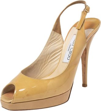Jimmy Choo London Sand Yellow Patent Leather Vita Peep-Toe Slingback Sandals
