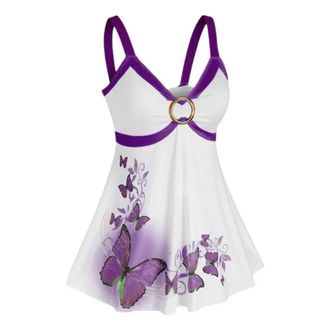 Generic Womens Sexy Swimwear 2024 New Bikini Set Women Plus Size Butterfly Print O Ring Tank Top Sleeveless Tops Swim Shorts Women Plus Size (Purple, XXXXL)