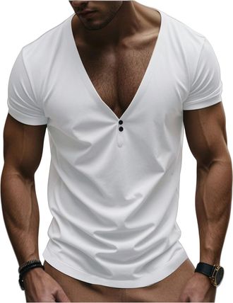 Generic Mens T-Shirts Casual Deep V Neck Short Sleeve Solid Color Muscle Tee Tops Fashion Active Athletic Running Work Shirts, White, XL