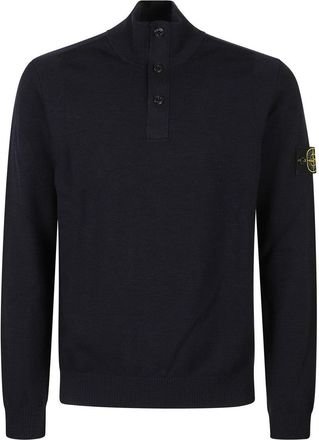 Stone Island High Collar Pullover With Buttoned Placket And Logo Patch