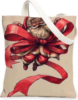 Generic Santa Canvas Tote Bags, Holiday Red Ribbon Pattern Reusable Grocery Bags, Winter Vintage Art Lightweight Washable Shoulder, Red, 13x15 Inch
