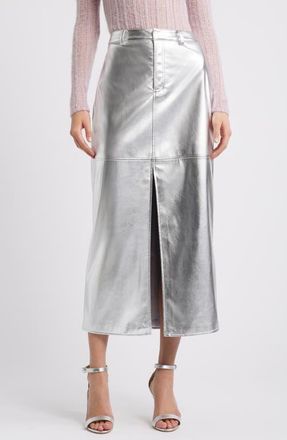 Open Edit Metallic Faux Leather Midi Skirt in Silver Metallic at Nordstrom, Size 10