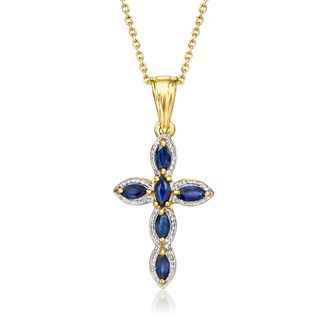 Ross-Simons Sapphire Cross Pendant Necklace in Sterling Silver and 18kt Gold Over Sterling