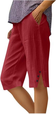 Generic Shorts for Women UK Knee Length Summer Cotton Linen Elasticated Waist Shorts with Pockets Wide Leg Lightweight Breathable Knee Length Pants Loose Fit 
