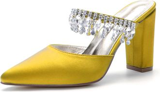 Generic Wedding Bridal Shoes Womens Block Heel Wedding Shoes Pointed Toe Bridal Heels Slingback Satin Prom Party Dress Pumps 9Cm,Yellow,10 UK