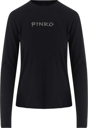Pinko Lange Mouwen Katoenen T-shirt met Logo - Dames - T-shirts - Zwart - M - Katoen - Tops