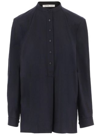 Carven Navy Blue Mandarin Collar Half-Button Wool Sweater