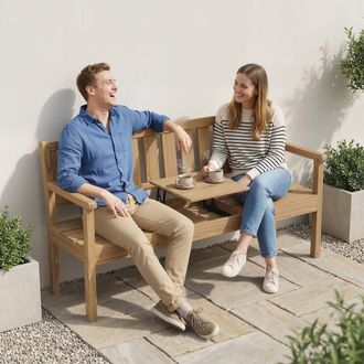 OUTSUNNY Wooden Garden Bench with Table & Hidden Shelf, Teak in Natural