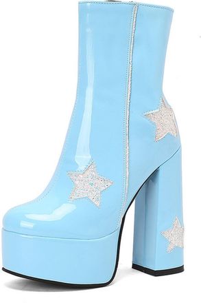 Generic Womens Patent Leather Platform Ankle Boots Chunky Block Heels Glitter Star Embellishments Side Zipper Closure Bold Party Nightclub Performance Fashion