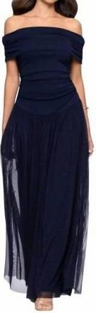 Betsy & Adam Strapless Ruched Bodice Mesh Overlay Floor Length Dress In Navy