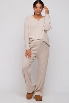 Pinkblush Ribbed Soft Knit Long Sleeve Pajama Set in Beige at Nordstrom, Size Medium
