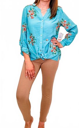 Multiples Floral Button Up Top In Bright Turquoise
