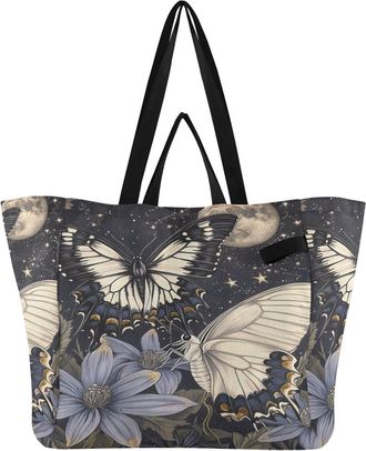 Generic Butterfly Flowers Black print Reusable Canvas Tote Bag, Heavy Duty Grocery Shopping Bag with Double Handles Hard Bottom Large Capacity Work Groceries 