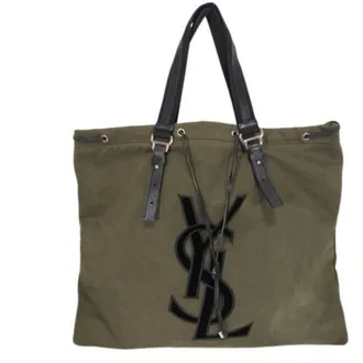 Saint Laurent Kahala Khaki Brown Canvas Leather Tote Bag (Pre-Owned)
