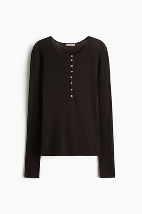 H&M Geripptes Henleyshirt - Dunkelbraun