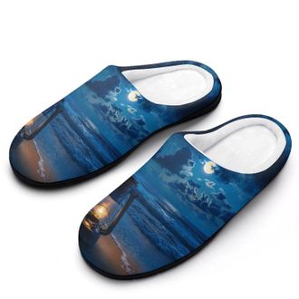 Generic Lamp Moon And Beach Print Womens Slippers Warm House Slippers Indoor House Shoes with Anti-Skid Rubber Sole