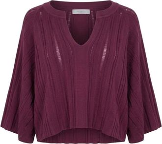 Malo Cropped trui met verticale ribbel - Dames - Truien - Paars - Maat: S Katoen