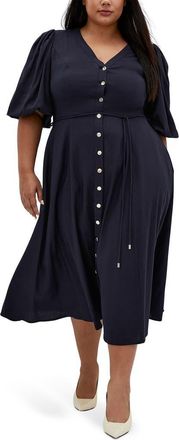 City Chic Dahlia Puff Sleeve Midi Dress in Navy at Nordstrom, Size Xs