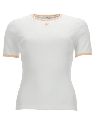 Courr&egrave;ges White Peach Trim Logo Fitted T-Shirt