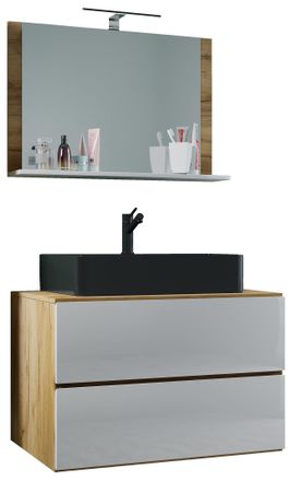 ebuy24 Ebuy24 - Vcm 3 Pcs Lavabo Lavabo Gabinete Inferior Ancho 80 Cm Muebles De Ba&ntilde;o Con Cajones Espejo Lendas M (roble Miel / Blanco)