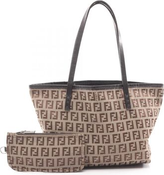 Fendi Beige Brown Canvas Leather Tote Bag (Pre-Owned)