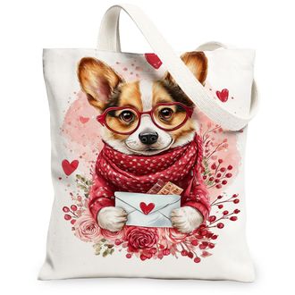 Generic Cute Dog Canvas Tote Bags, Adorable Animal Floral Pattern Reusable Grocery Bags, ValentineS Day Lightweight Washable Shoul, White, 13x15 Inch