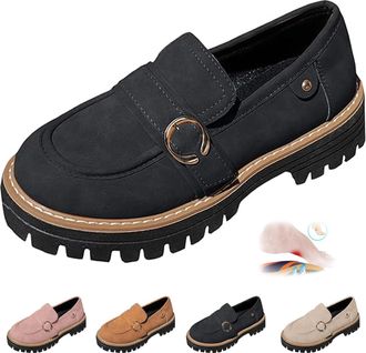 Generic Womens Comfortable British Style Retro Slip-on Shoes Non-Slip Chunky Heel Loafer Wide Fit Work Casual Platform Shoes (Black,36EU)