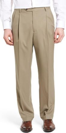 Berle Lightweight Plain Weave Pleated Classic Fit Trousers in Tan at Nordstrom, Size 32 X Unhemmed