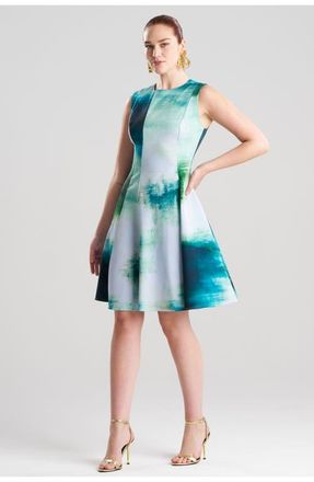 Natori Hisui Cotton Chino Fit n Flare Dress in Teal W/blue at Nordstrom, Size 14